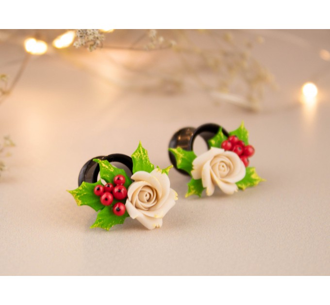 Christmas earrings for stretched ears Holly berry and beige rose gauges Xmas tunnels and plugs Handmade