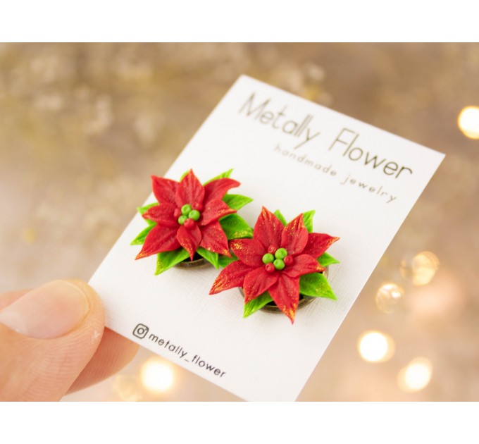 Christmas flower stud earrings Red green Xmas star jewelry Holiday party outfit Cute gift for girlfriend