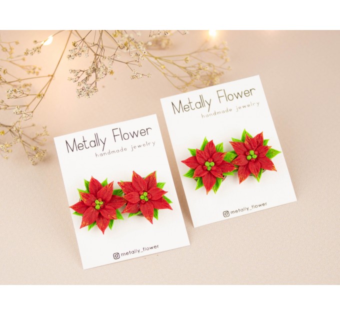 Christmas flower stud earrings Red green Xmas star jewelry Holiday party outfit Cute gift for girlfriend
