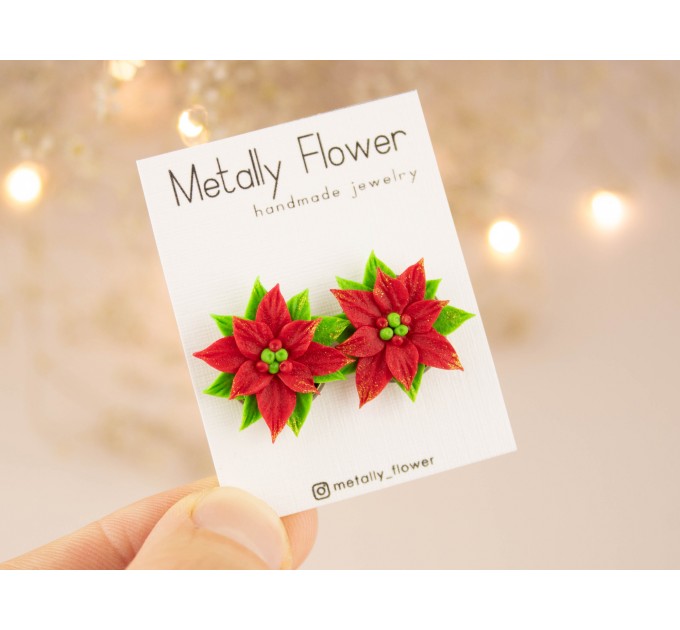Christmas flower stud earrings Red green Xmas star jewelry Holiday party outfit Cute gift for girlfriend