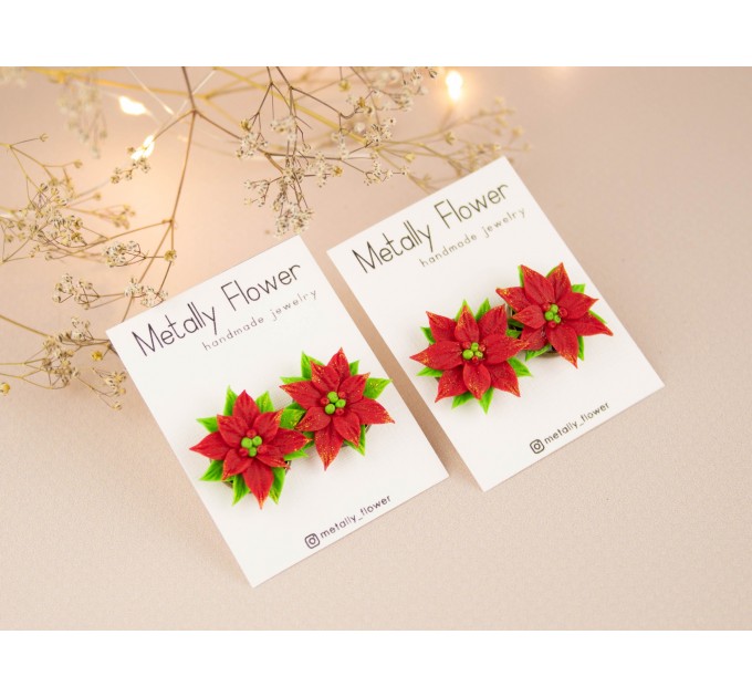 Christmas flower stud earrings Red green Xmas star jewelry Holiday party outfit Cute gift for girlfriend
