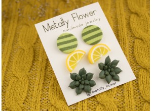 Set of 3 studs Lemon Green circle Teal succulent