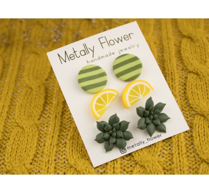 Cute stud earrings set of 3 Lemon slice Teal tiny succulent green circle Teenager gift Bright jewelry