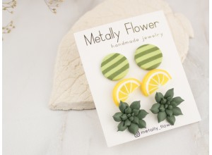Set of 3 studs Lemon Green circle Teal succulent