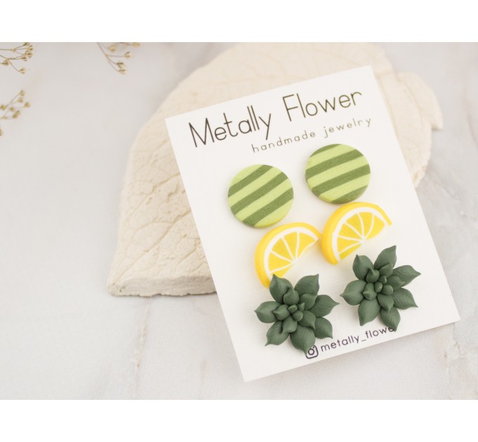 Cute stud earrings set of 3 Lemon slice Teal tiny succulent green circle Teenager gift Bright jewelry
