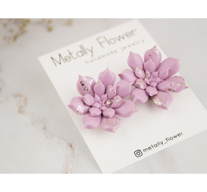 Dusty pale pink succulent stud earrings with golden sparkles Bridal jewelry Tropical flower Handmade