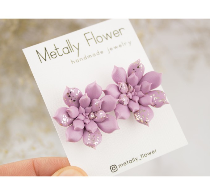 Dusty pale pink succulent stud earrings with golden sparkles Bridal jewelry Tropical flower Handmade