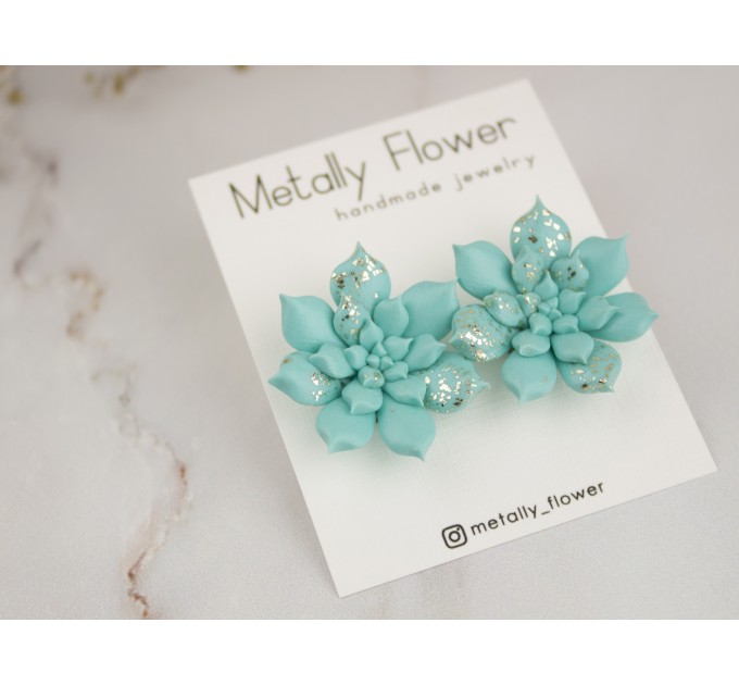 Shimmering gold turquoise blue succulent earrings Tropical flower studs Unique bridal jewelry Wedding Bridesmaids Birthday gift idea