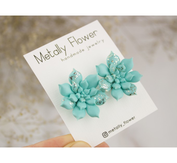 Shimmering gold turquoise blue succulent earrings Tropical flower studs Unique bridal jewelry Wedding Bridesmaids Birthday gift idea