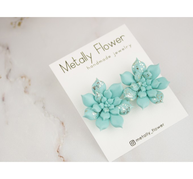 Shimmering gold turquoise blue succulent earrings Tropical flower studs Unique bridal jewelry Wedding Bridesmaids Birthday gift idea