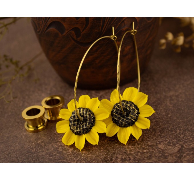 Sunflower golden hoop hangers for tunnels Screw back Handmade jewelry for stretched earlobes Flower plugs and gauges Xmas gift idea 