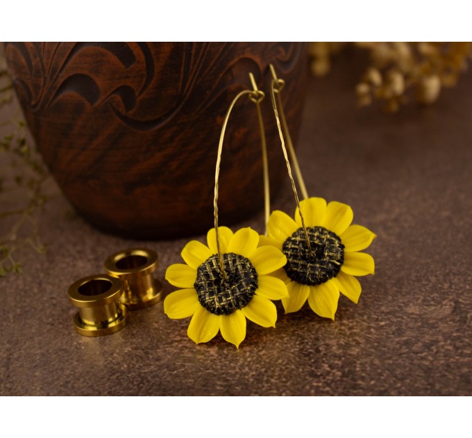 Sunflower golden hoop hangers for tunnels Screw back Handmade jewelry for stretched earlobes Flower plugs and gauges Xmas gift idea 