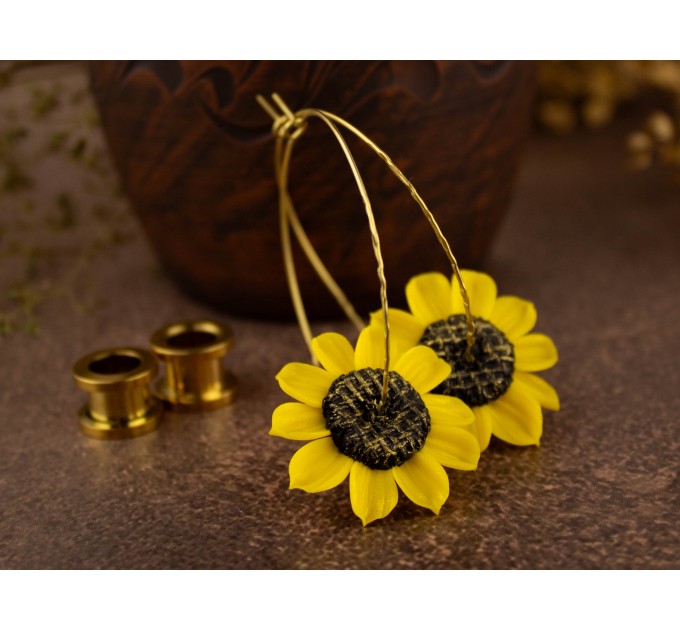 Sunflower golden hoop hangers for tunnels Screw back Handmade jewelry for stretched earlobes Flower plugs and gauges Xmas gift idea 
