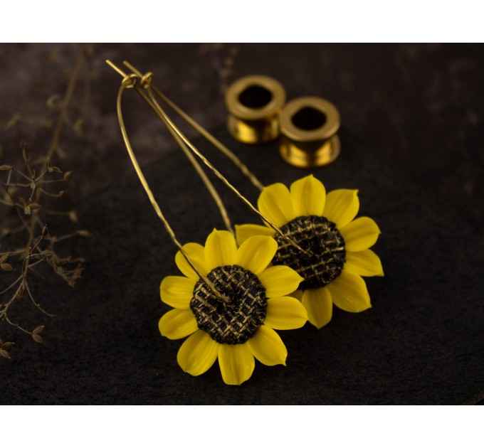 Sunflower golden hoop hangers for tunnels Screw back Handmade jewelry for stretched earlobes Flower plugs and gauges Xmas gift idea 