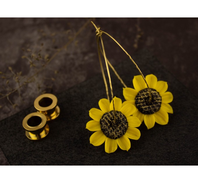Sunflower golden hoop hangers for tunnels Screw back Handmade jewelry for stretched earlobes Flower plugs and gauges Xmas gift idea 