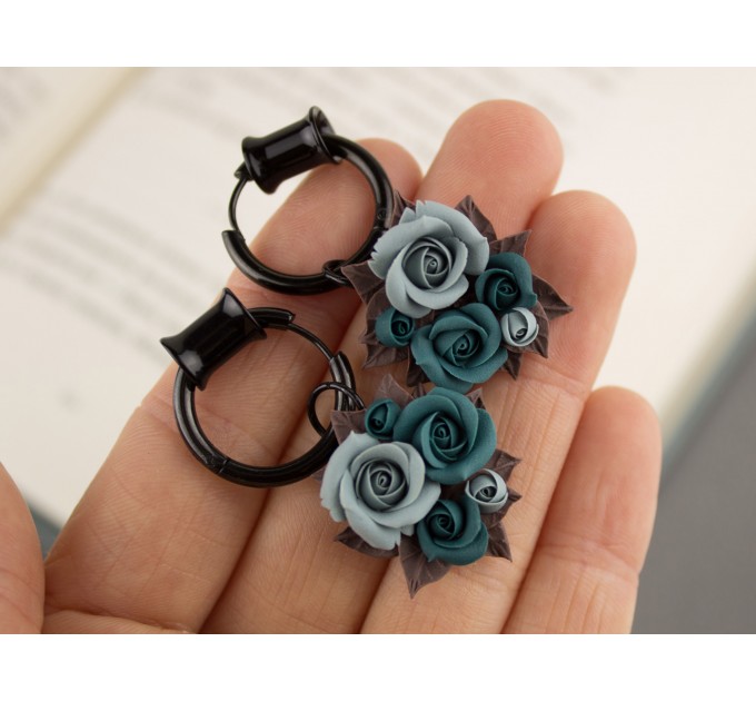 Custom color Teal brown floral ear hangers for tunnels Dangle plug earrings Unique wedding jewelry for stretcher earlobes Handmade gauges