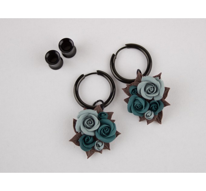 Custom color Teal brown floral ear hangers for tunnels Dangle plug earrings Unique wedding jewelry for stretcher earlobes Handmade gauges