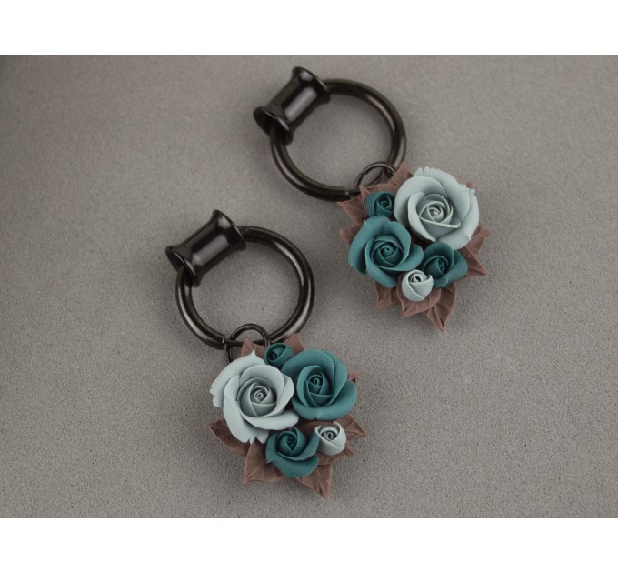 Custom color Teal brown floral ear hangers for tunnels Dangle plug earrings Unique wedding jewelry for stretcher earlobes Handmade gauges