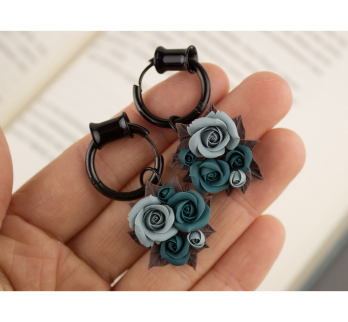 Custom color Teal brown floral ear hangers for tunnels Dangle plug earrings Unique wedding jewelry for stretcher earlobes Handmade gauges