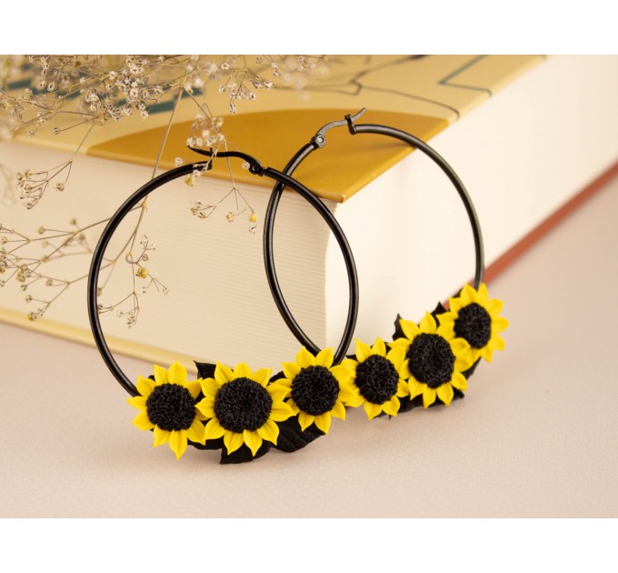 Yellow sunflower hoop earrings for stretched earlobes Summer birthday gift idea Flower plugs and gauges Rustic Country