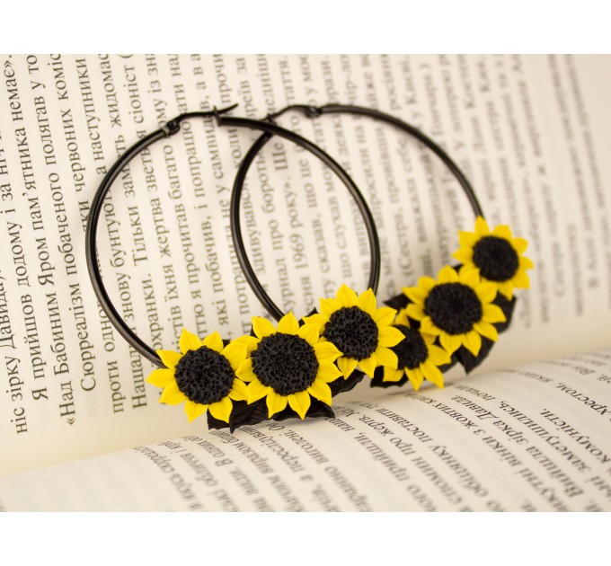 Yellow sunflower hoop earrings for stretched earlobes Summer birthday gift idea Flower plugs and gauges Rustic Country