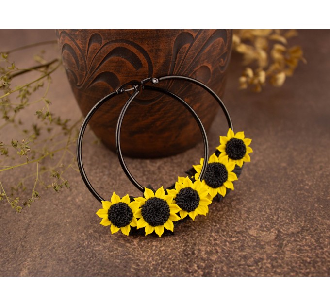 Yellow sunflower hoop earrings for stretched earlobes Summer birthday gift idea Flower plugs and gauges Rustic Country