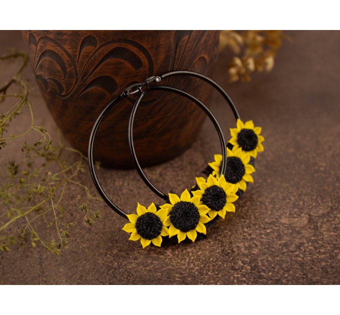 Yellow sunflower hoop earrings for stretched earlobes Summer birthday gift idea Flower plugs and gauges Rustic Country