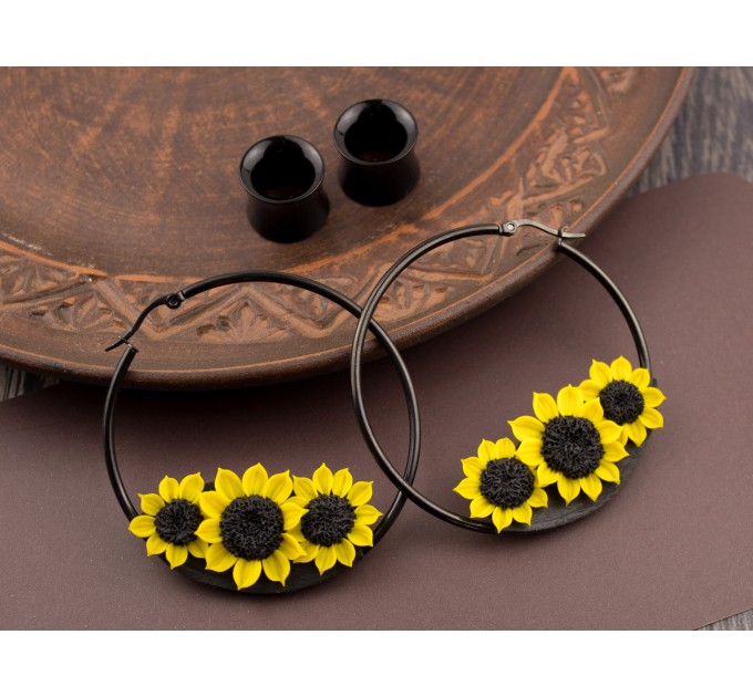 Yellow sunflower hoop earrings for stretched earlobes Summer birthday gift idea Flower plugs and gauges Rustic Country