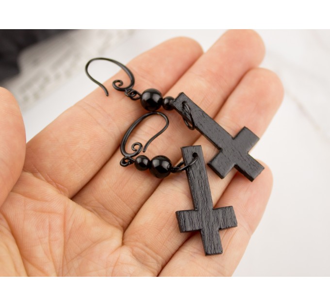 Gothic dangle earrings with black inverted cross charms and beads Alternative Dark fashion Halloween jewelry Witchcraft Wiccan Satanic