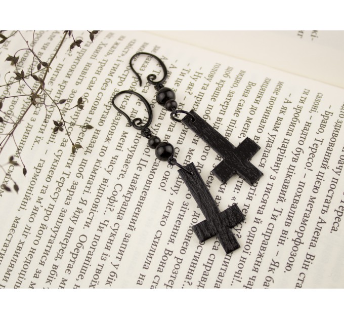 Gothic dangle earrings with black inverted cross charms and beads Alternative Dark fashion Halloween jewelry Witchcraft Wiccan Satanic