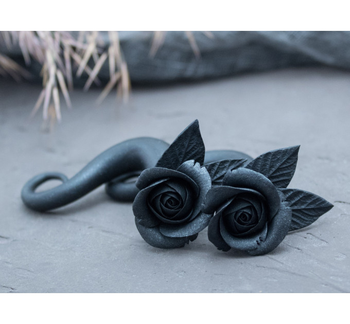 Gothic style black rose faux or real gauges Dark fashion jewelry for stretched ears Witch earrings Halloween
