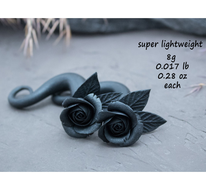 Gothic style black rose faux or real gauges Dark fashion jewelry for stretched ears Witch earrings Halloween