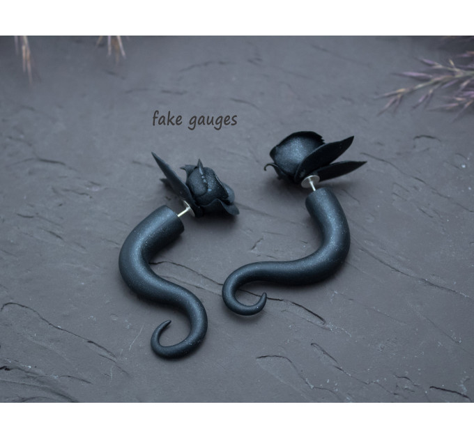 Gothic style black rose faux or real gauges Dark fashion jewelry for stretched ears Witch earrings Halloween