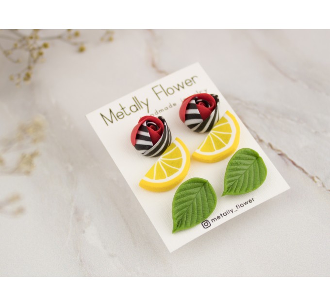 Bright stud earrings set of 3 with Red black white modern roses Green leaves Lemon slices Cute jewelry for teenager 