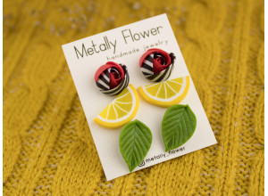 Bright set of 3 studs red BW rose lemons leaves