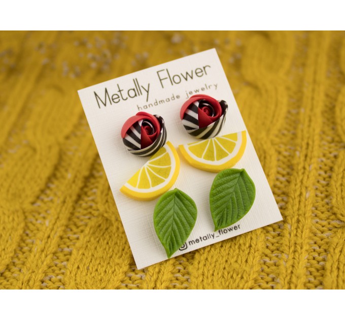 Bright stud earrings set of 3 with Red black white modern roses Green leaves Lemon slices Cute jewelry for teenager 