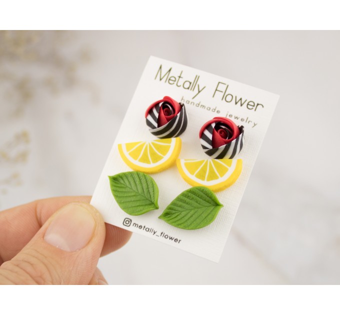 Bright stud earrings set of 3 with Red black white modern roses Green leaves Lemon slices Cute jewelry for teenager 