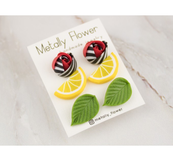 Bright stud earrings set of 3 with Red black white modern roses Green leaves Lemon slices Cute jewelry for teenager 