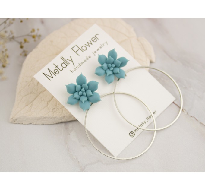 Pale blue succulent studs Silver hoop earrings Tropical jewelry Handmade gift for bridesmaids