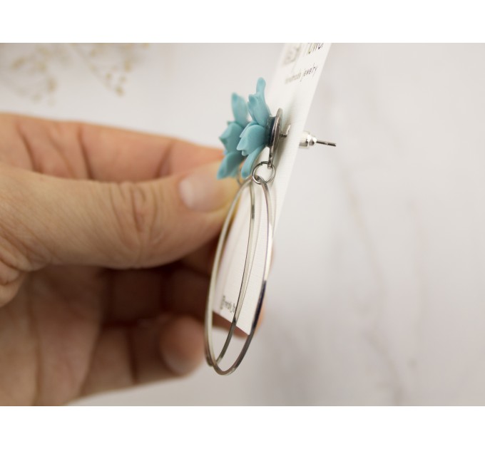 Pale blue succulent studs Silver hoop earrings Tropical jewelry Handmade gift for bridesmaids