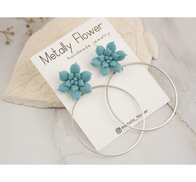 Pale blue succulent studs Silver hoop earrings Tropical jewelry Handmade gift for bridesmaids