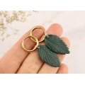 Minimalist golden hoop earrings Botanical jewelry for everyday Green leaf dangles Unique birthday gift