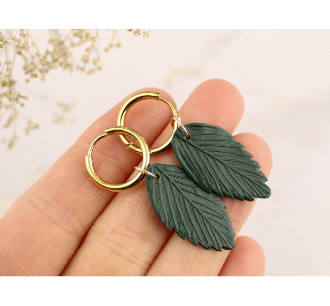 Minimalist golden hoop earrings Botanical jewelry for everyday Green leaf dangles Unique birthday gift