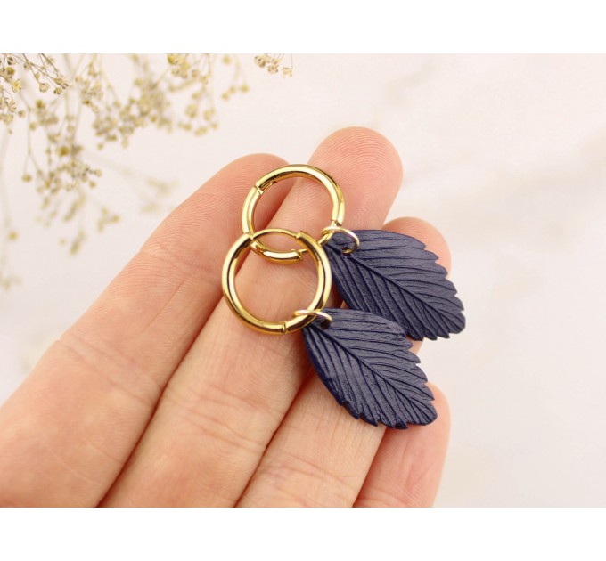 Custom color simple earrings Golden hoops Navy blue leaves Birthday gift idea Handcrafted jewelry