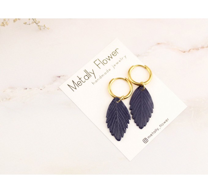 Custom color simple earrings Golden hoops Navy blue leaves Birthday gift idea Handcrafted jewelry