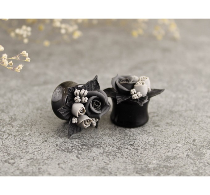Cute miniature floral ear plugs for stretched earlobes Gray black roses gauges Bridesmaid wedding bridal tunnels