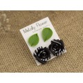 Handmade stud earrings set of 2 with tiny green leaves and elegant black white rose Cute Xmas gift Minimalist