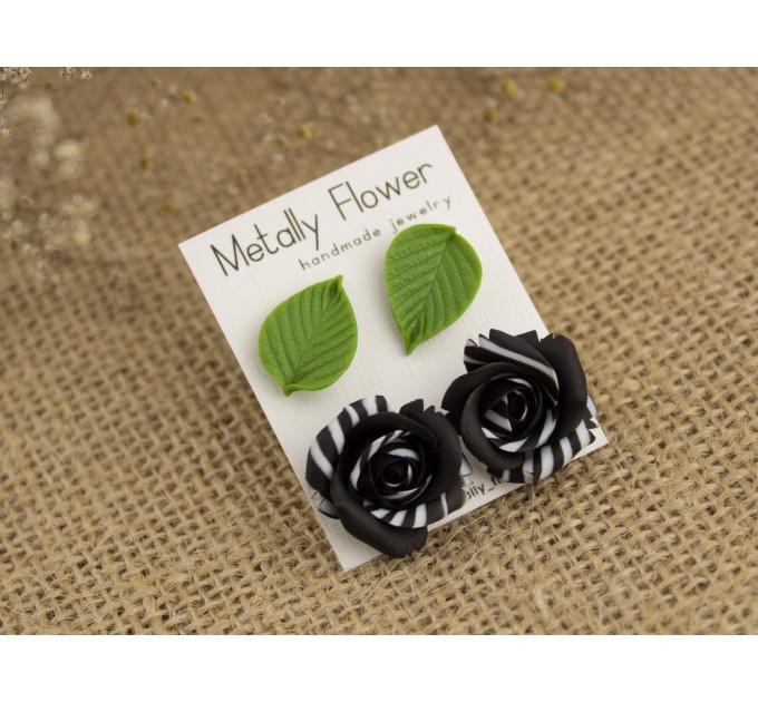 Handmade stud earrings set of 2 with tiny green leaves and elegant black white rose Cute Xmas gift Minimalist