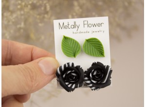 Light green leaf and BW rose studs set of 2