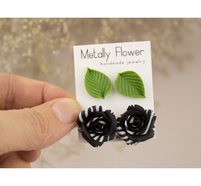 Handmade stud earrings set of 2 with tiny green leaves and elegant black white rose Cute Xmas gift Minimalist